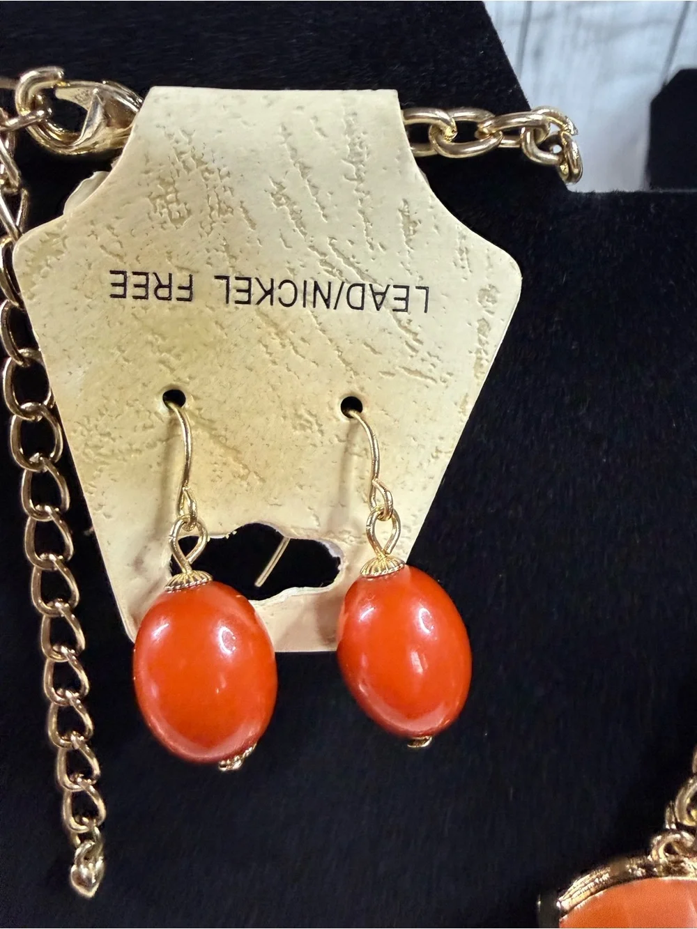 Women's Orange Statement Bib Necklace and Earring Set - Gold color burnt orange